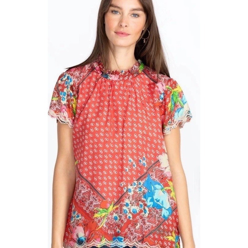 Johnny Was Martha Lisa 100% Silk Blouse Top Boho Floral Embroidered, Size Large